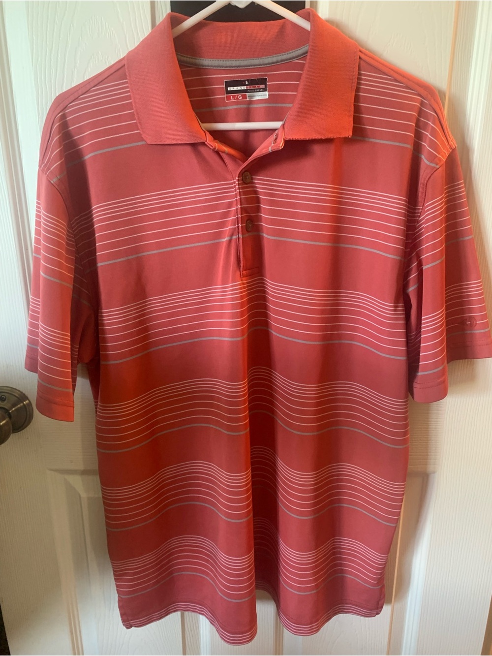 Grand Slam Performance Men’s Golf Salmon Striped Polo Shirt L Lg Large
